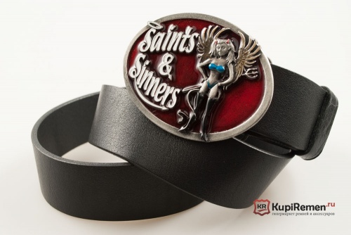 Кожаный ремень с пряжкой "SAINTS AND SINNERS" (Святые и грешники) 3D - kupiremen.ru