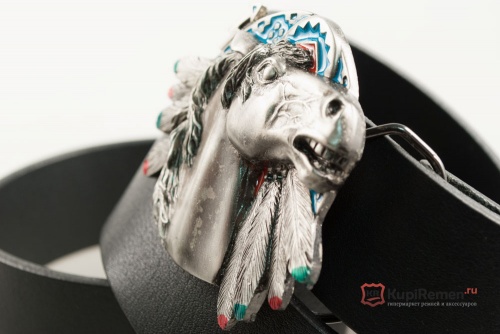 Кожаный ремень с пряжкой "HORSE ON INDIAN SHIELD" (Лошадь на щите) 3D - kupiremen.ru